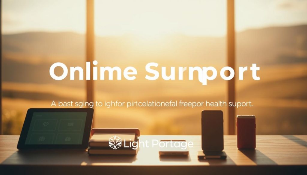 A serene and welcoming online support hub, bathed in warm natural light. In the foreground, a selection of digital devices - tablets, laptops, and smartphones - arranged neatly, hinting at the various ways individuals can access mental health resources. The middle ground features a calming palette of earthy tones, with icons and symbols representing different support services. In the background, a blurred landscape of rolling hills and a tranquil sky, evoking a sense of peace and balance. The "Light Portage" brand is subtly integrated into the design, a trusted guiding light for those seeking freelance mental health support.