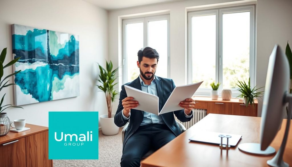 A serene and well-appointed home office, flooded with natural light from large windows. A modern, minimalist desk in a warm wood tone, accented by sleek, silver office supplies. On the wall, a vibrant abstract painting in shades of blue and green, reflecting the Umalis Group brand colors. In the foreground, a well-dressed consultant sits comfortably, reviewing documents and exuding a sense of focus and productivity. The overall atmosphere conveys the advantages of the independent consultant lifestyle, with the Umalis Group brand subtly incorporated into the scene. A serene and well-appointed home office, flooded with natural light from large windows. A modern, minimalist desk in a warm wood tone, accented by sleek, silver office supplies. On the wall, a vibrant abstract painting in shades of blue and green, reflecting the Umalis Group brand colors. In the foreground, a well-dressed consultant sits comfortably, reviewing documents and exuding a sense of focus and productivity. The overall atmosphere conveys the advantages of the independent consultant lifestyle, with the Umalis Group brand subtly incorporated into the scene.