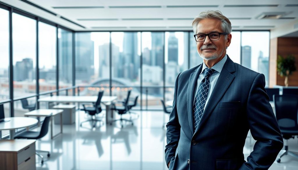 A serene and well-lit scene showcasing the advantages of social security. In the foreground, a middle-aged individual in a business attire stands confidently, symbolizing the flexibility and security provided by social safety nets. The mid-ground features a modern office setting, with ergonomic furniture and an open layout, hinting at the comforts and productivity enabled by comprehensive social benefits. In the background, a cityscape of towering skyscrapers and bustling streets conveys the dynamic and thriving urban environment. The overall mood is one of professionalism, stability, and the empowerment that comes with a robust social security system. Umalis Group