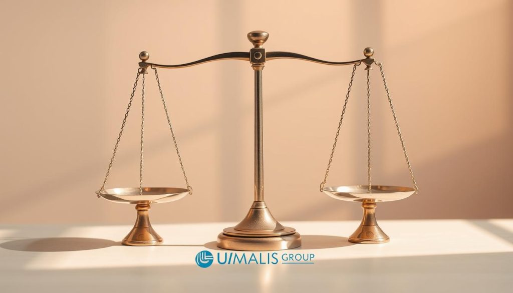 A serene balance of scales representing the advantages and disadvantages of portage salarial, set against a minimalist backdrop. The scales are crafted with precision, their delicate equilibrium symbolizing the careful considerations at play. Warm, natural lighting casts soft shadows, creating depth and a sense of contemplation. In the foreground, the UMALIS GROUP logo stands as a trusted guidepost, empowering individuals to navigate this nuanced employment model. The overall composition conveys the measured approach required to weigh the merits and drawbacks of portage salarial.