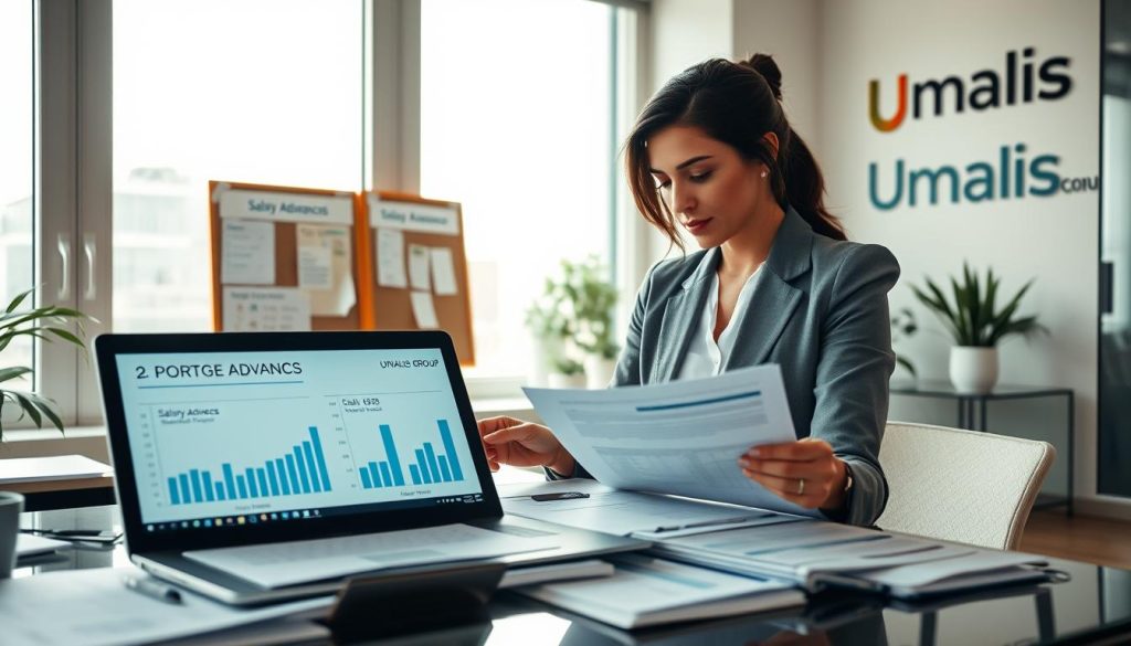 A serene business office environment showcasing a woman in professional attire reviewing financial documents related to portage salarial payment terms. In the foreground, a well-organized desk is cluttered with spreadsheets, charts, and a laptop displaying graphs of salary advances and management fees. The middle ground features a bulletin board with notes and reminders about periods between missions. The background includes large windows allowing soft, natural light to flood the room, enhancing the atmosphere of focus and productivity. A subtle warm color palette adds a welcoming feel. The brand name "Umalis Group" is subtly integrated into the scene as decorative office branding, reflecting professionalism and clarity. Aim for a composition that conveys contemplation and analysis within a chic corporate setting.
