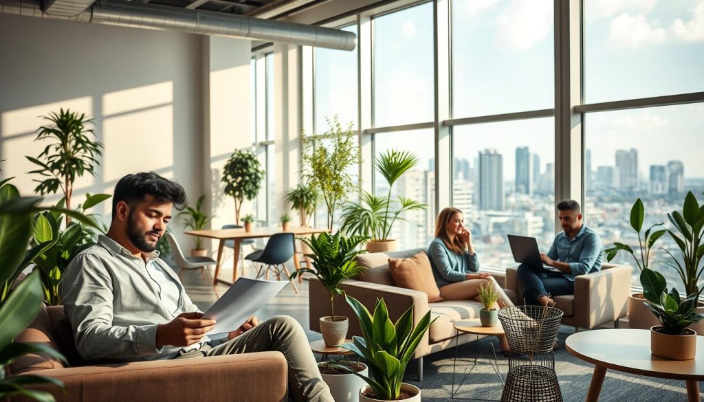 A serene co-working space filled with natural light, where a team of independent professionals from the Umalis Group gather to discuss the benefits of payroll outsourcing. In the foreground, a relaxed freelancer reviews paperwork, while colleagues collaborate on laptops, enjoying the flexibility and financial security that payroll services provide. The middle ground showcases modern office furniture and potted plants, creating a warm, productive atmosphere. In the background, floor-to-ceiling windows offer a picturesque urban landscape, symbolizing the wide-ranging opportunities available to those who leverage the advantages of payroll outsourcing.