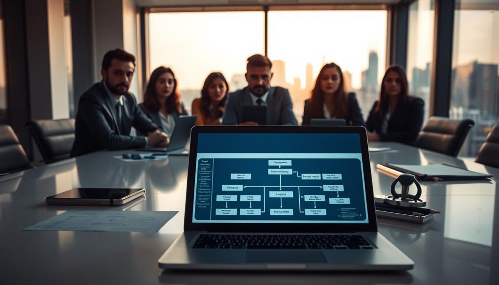 A serene corporate office with a team of professionals gathered around a conference table, faces etched with concern. The lighting is soft and warm, casting a contemplative mood. In the foreground, a laptop displays a complex organizational chart, representing the intricate challenges of implementing the Portage Salarial system. The middle ground features project management tools, highlighting the meticulous planning required. In the background, a large window overlooks a bustling city skyline, symbolizing the broader business landscape that must be navigated. The overall atmosphere conveys the gravity of the task at hand, but also a sense of determination to overcome the obstacles and find the right solution.