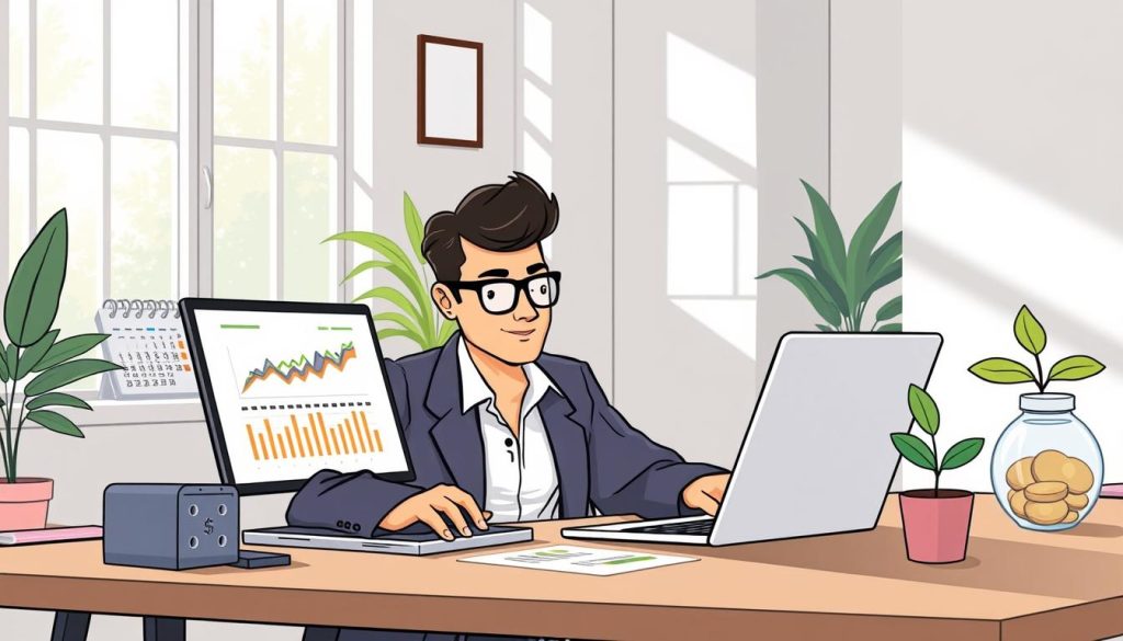 A serene coworking space with natural light streaming in, a minimalist desk setup, and a laptop open showcasing financial graphs and analytics. In the foreground, a stylishly dressed person working intently, exuding a sense of focus and control. Surrounding them, visual metaphors for the benefits of solo entrepreneurship: a calendar with flexible scheduling, a coin jar representing financial autonomy, and a small potted plant symbolizing work-life balance. The overall mood is one of productivity, independence, and the joy of being one's own boss.