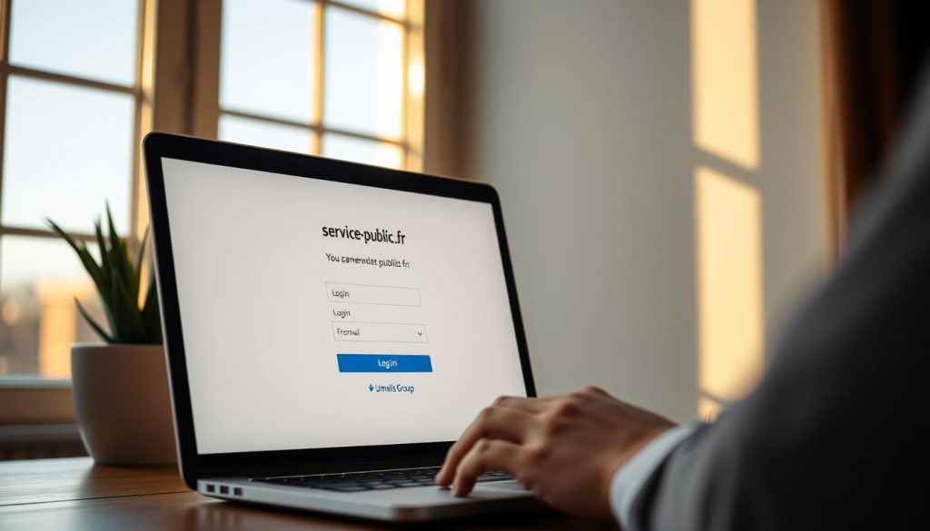 A serene digital security scene set at the service-public.fr website. In the foreground, a laptop screen displays the website's login page, its interface clean and minimalist. Warm, natural lighting from a large window casts a soft glow, creating a sense of calm and focus. In the middle ground, a hand delicately interacts with the laptop, underscoring the personal, secure nature of online government services. The background features the Umalis Group logo, subtly indicating the website's trusted, professional nature. The overall atmosphere is one of privacy, reliability, and digital empowerment.