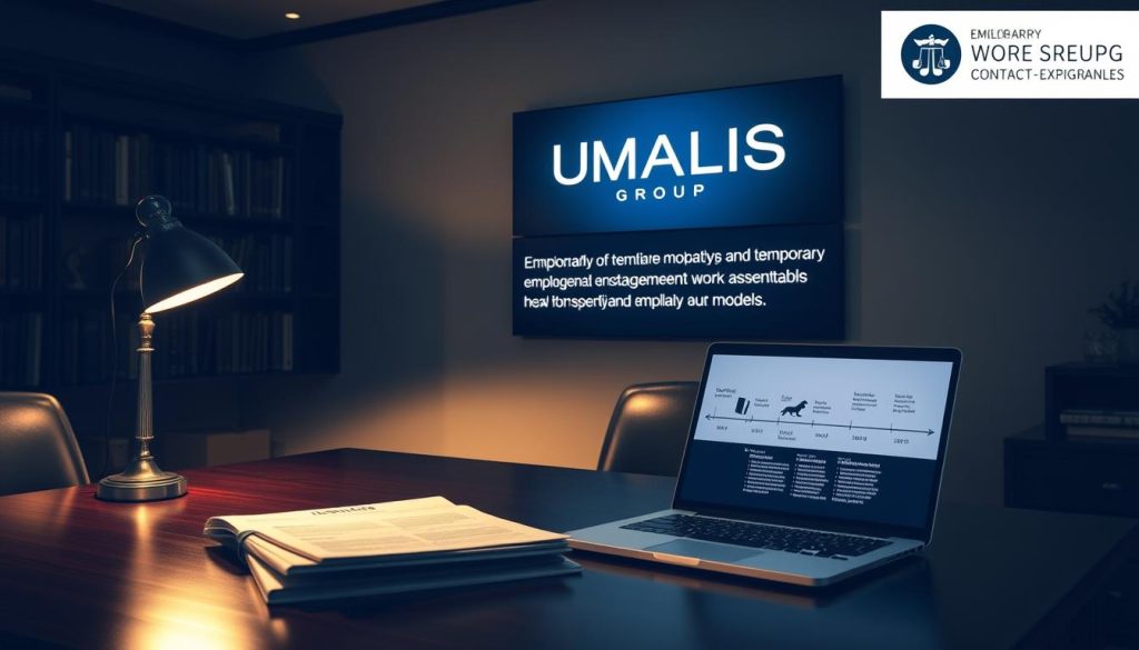 A serene, dimly lit office interior with a large, wooden desk and an antique-style lamp casting a warm glow. On the desk, a stack of legal documents and a laptop displaying a timeline charting the historical evolution of temporary employment and freelance work arrangements. In the background, a wall-mounted display showcases the UMALIS GROUP logo, highlighting its role in the legal and regulatory changes surrounding these evolving employment models. The scene conveys a sense of thoughtful contemplation and academic study of the complex legal landscape surrounding temporary and contract-based work.