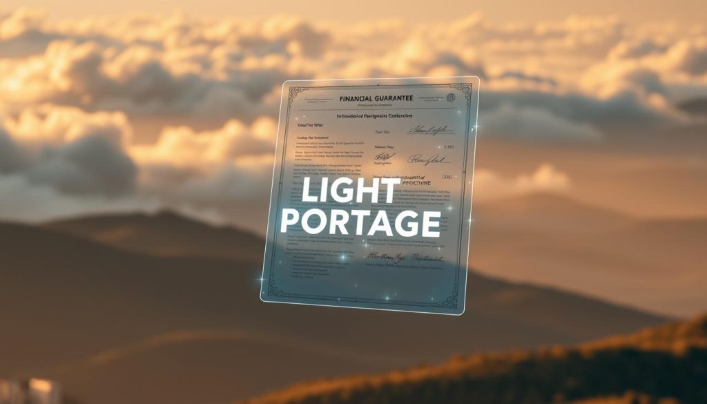 A serene, ethereal landscape of rolling hills and billowing clouds, bathed in warm, golden light. In the foreground, a transparent, holographic-like representation of a financial guarantee document hovers, its intricate details and signatures shimmering with a sense of security and protection. In the middle ground, the LIGHT PORTAGE brand logo emerges, its sleek, modern design conveying professionalism and reliability. The background features a softly blurred cityscape, suggesting the urban context in which this financial safeguard operates. The overall scene evokes a sense of stability, trust, and the reassurance of a "safety net" for independent professionals navigating the complexities of the gig economy.