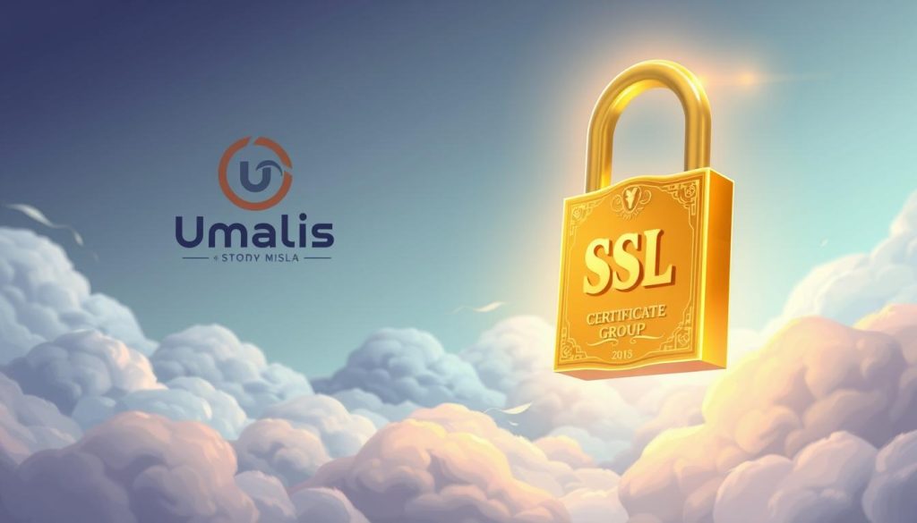 A serene, ethereal scene depicting the importance of SSL certificates for secure websites. In the foreground, a glowing, golden SSL certificate hovers, its intricate details illuminated by a warm, soft light. Surrounding it, wispy clouds and a gentle, otherworldly atmosphere convey a sense of security and trustworthiness. In the background, the Umalis Group logo stands as a symbol of the company's commitment to online safety and privacy. The composition is balanced and visually striking, drawing the viewer's attention to the central SSL certificate and its vital role in safeguarding digital transactions.