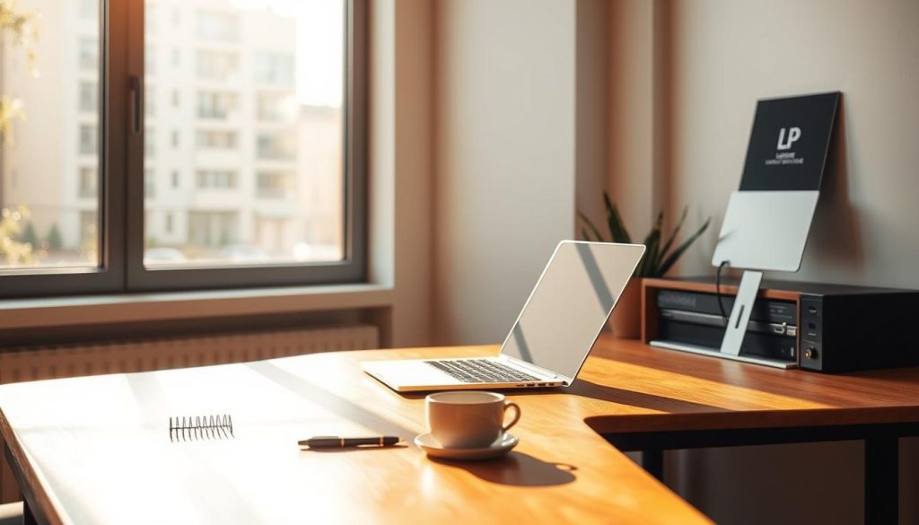 A serene freelance workspace with a modern, minimalist aesthetic. A wooden desk with a laptop, pen, and a mug of coffee takes center stage, bathed in warm, natural lighting from a large window. In the background, the LIGHT PORTAGE brand logo is subtly displayed on a sleek, wall-mounted laptop stand. The overall atmosphere conveys a sense of focus, productivity, and the freedom of working independently.