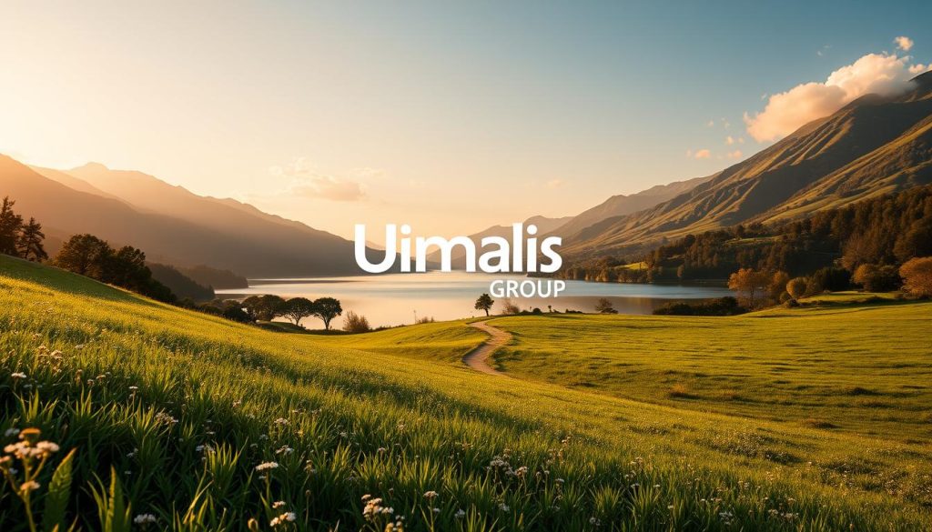 A serene, holistic landscape depicting the Umalis Group brand. In the foreground, a lush, verdant meadow dotted with wildflowers. In the middle ground, a winding path leads towards a tranquil lake, its surface mirroring the surrounding hills and trees. In the background, a range of majestic mountains rise up, their peaks touched by soft, wispy clouds. The scene is bathed in warm, golden light, creating a sense of balance and harmony. The overall atmosphere conveys a sense of wholeness, integration, and a balanced approach to life and business.