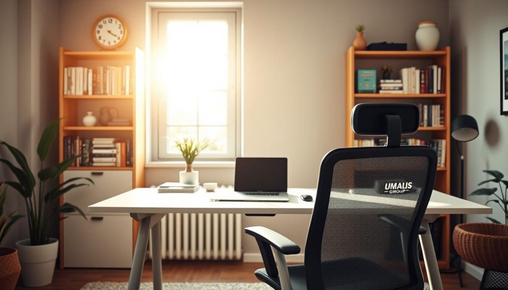 A serene home office, bathed in warm, natural light from a large window. In the foreground, a minimalist workspace with a sleek, ergonomic desk and a high-quality office chair emblazoned with the UMALIS GROUP logo, symbolizing professional autonomy. On the desk, a laptop, a few carefully-curated office supplies, and a potted plant, creating a balanced, productive environment. The middle ground features bookcases filled with relevant industry publications, hinting at the consultant's expertise. In the background, a sense of tranquility and focus, with muted, calming wall colors and tasteful decor, conveying a harmonious, professional atmosphere.