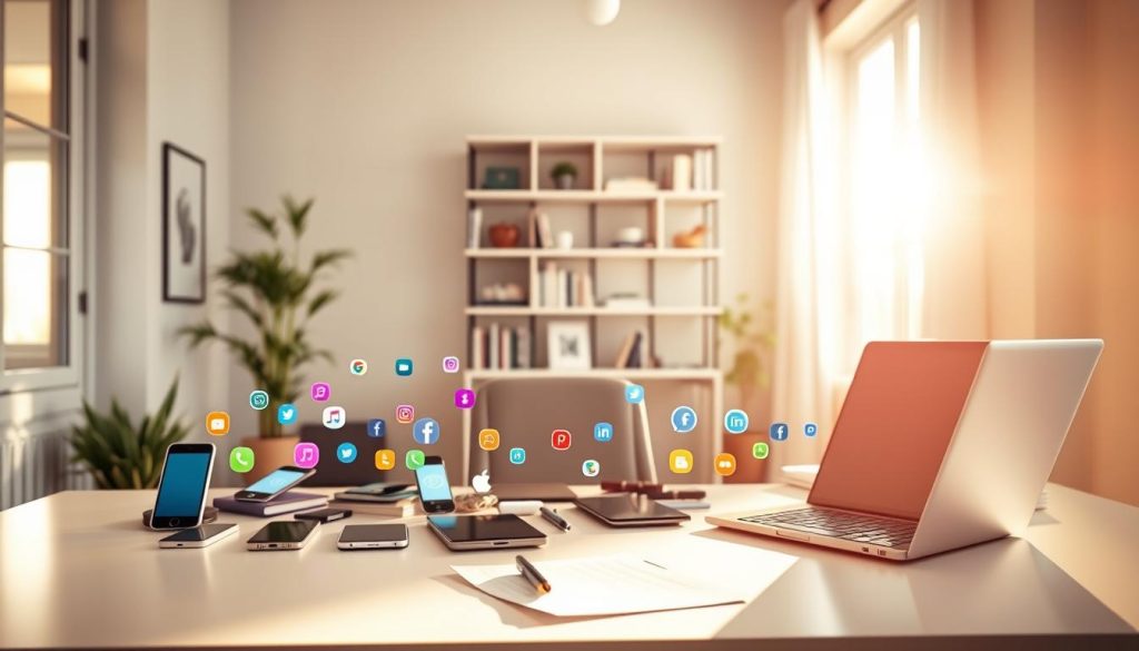A serene home office, bathed in warm, natural light from large windows. In the foreground, a sleek, minimalist desk with a laptop, notepad, and pen - the tools of a productive workday. However, the middle ground is cluttered with smartphones, tablets, and various social media apps, their vibrant icons vying for attention. In the background, a LIGHT PORTAGE bookshelf stands as a reminder to maintain focus and balance, with carefully curated books and decor elements. The overall atmosphere is one of potential distraction, but also the possibility of regaining control through intentional digital habits.