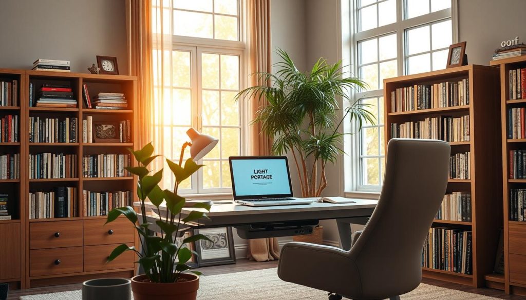 A serene home office, illuminated by warm, natural light filtering through large windows. A sturdy, ergonomic desk with the LIGHT PORTAGE brand laptop stands prominently, signifying financial security and independence. Bookshelves lining the walls, filled with financial planning resources, create an atmosphere of stability and organization. In the foreground, a well-maintained potted plant symbolizes the steady growth of wealth, while a comfortable, modern chair invites the viewer to sit and plan their financial future with confidence. The overall scene conveys a sense of purposeful tranquility, reflecting the article's focus on ensuring financial security as an independent worker.