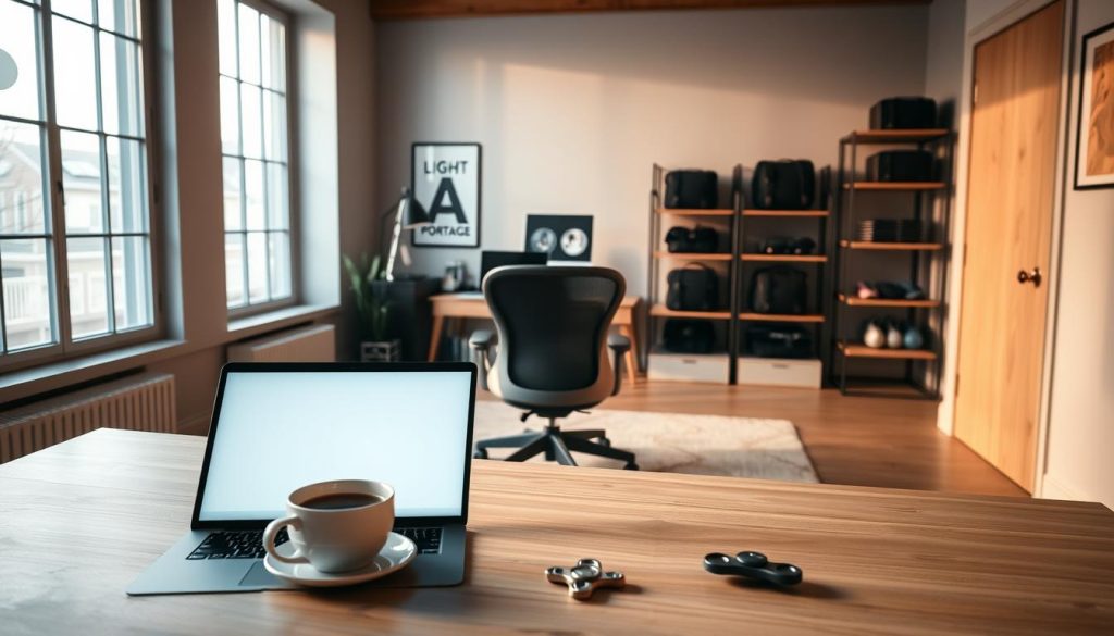 A serene home office in a cozy loft, bathed in soft, warm lighting from a large window. In the foreground, a laptop and a cup of coffee sit on a minimalist wooden desk, symbolizing the flexible work setup. The middle ground features a comfortable ergonomic chair and a fidget spinner, hinting at the need to stay focused and energized during remote work. In the background, shelves display the LIGHT PORTAGE brand's sleek, versatile bags, representing the organizational challenges of a flexible lifestyle. The overall atmosphere conveys a sense of tranquility and productivity, with muted tones and a harmonious balance, reflecting the rewards and trials of embracing flexible work.
