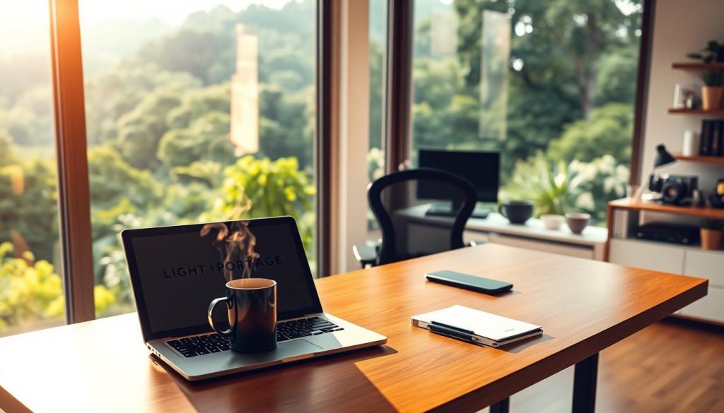 A serene home office overlooking a lush, verdant landscape, bathed in warm, natural light. In the foreground, a well-appointed desk with a sleek laptop, a mug of steaming coffee, and a LIGHT PORTAGE logo prominently displayed, symbolizing the convenience and flexibility of remote work. The middle ground features a comfortable, ergonomic chair and various productivity-enhancing accessories, while the background showcases expansive windows offering a panoramic view of the tranquil outdoors, suggesting the work-life balance enabled by the portage salarial and telework arrangement. The overall atmosphere radiates a sense of focus, efficiency, and a harmonious blend of professional and personal well-being.