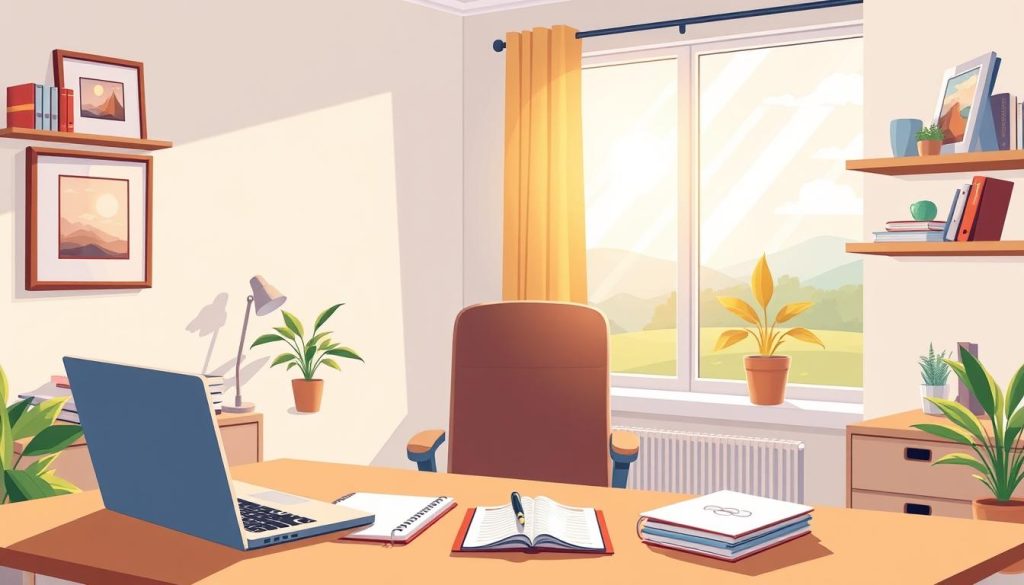 A serene home office scene, bathed in warm, natural light from a large window. In the foreground, a neatly organized desk with a laptop, a planner, and a potted plant. On the wall, framed artwork and shelves displaying books and decorative items, conveying a sense of stability and focus. In the middle ground, a comfortable chair facing the desk, suggesting a productive work environment. The background depicts a tranquil outdoor landscape, hinting at work-life balance. The overall mood is one of professionalism, mindfulness, and career contentment for the independent professional.