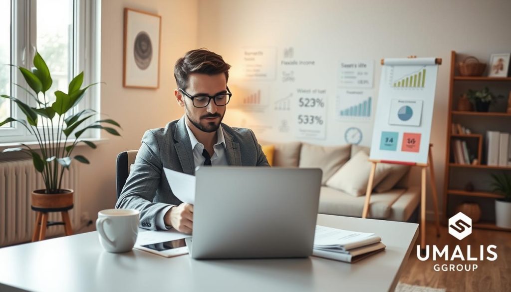 A serene home office scene depicting the financial advantages of remote work through portage salarial. In the foreground, a focused professional in smart casual attire sits at a desk, analyzing financial documents and using a laptop. Nearby, a cup of coffee and a plant add warmth to the environment. In the middle ground, a whiteboard or sticky notes display various financial charts and benefits of telework, such as tax savings and flexible income. The background features a cozy living space with soft, natural lighting filtering through a window, illustrating a balanced work-life atmosphere. The overall mood is optimistic and productive, emphasizing stability and financial growth. Include a subtle logo of UMALIS GROUP in the corner for branding.