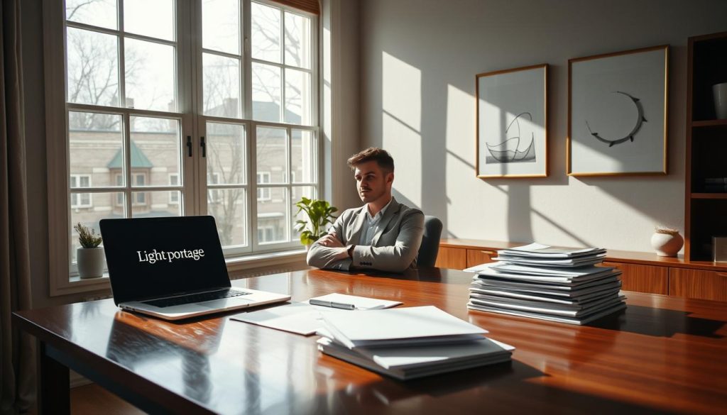 A serene home office scene, sunlight streaming through large windows, illuminating a polished wooden desk. On the desk, a laptop with the "Light Portage" logo, alongside a stack of neatly organized papers and a thoughtful-looking individual in professional attire. The walls are adorned with minimalist artwork, reflecting a sense of ethical, independent professionalism. The overall atmosphere conveys a harmonious balance between technology, productivity, and a commitment to ethical principles.