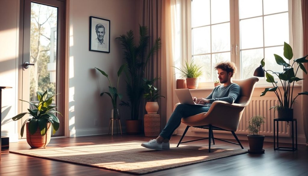 A serene home office scene with a laptop, plants, and a cozy armchair, bathed in warm, natural lighting filtering through large windows. The room has an airy, minimalist aesthetic, exuding a sense of freedom and flexibility. A figure, presumably a freelancer or independent professional, sits comfortably working, exemplifying the Portage Salarial lifestyle - the balance of self-directed work and the ability to tailor one's schedule. The overall atmosphere conveys a tranquil, productive, and liberating environment, reflecting the concept of "enjoying the freedom of entrepreneurship and professional flexibility."