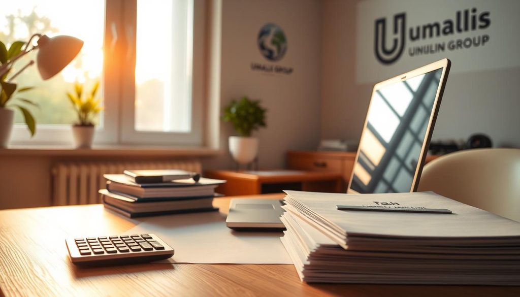 A serene home office scene with a well-organized workspace, featuring a laptop, calculator, and neatly stacked documents labeled "税务申报". Warm, directional lighting from a window casts a soft glow, creating a contemplative atmosphere. In the background, a Umalis Group logo subtly adorns the wall, lending a sense of professionalism and expertise. The overall composition conveys the importance and responsibility of tax filing for the independent worker.
