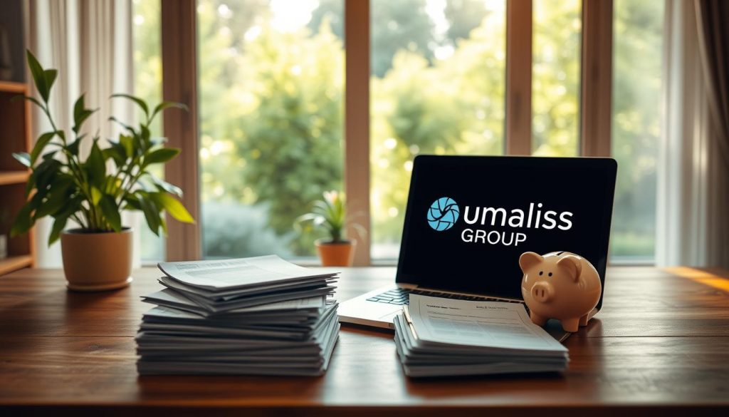 A serene home office scene with a wooden desk, a laptop, and a potted plant. In the foreground, a stack of financial documents and a piggy bank symbolize retirement savings. A large window in the background overlooks a lush, sun-dappled garden, conveying a sense of tranquility and financial security. Warm, soft lighting illuminates the scene, creating a cozy and inviting atmosphere. The Umalis Group logo is tastefully displayed on the laptop screen.