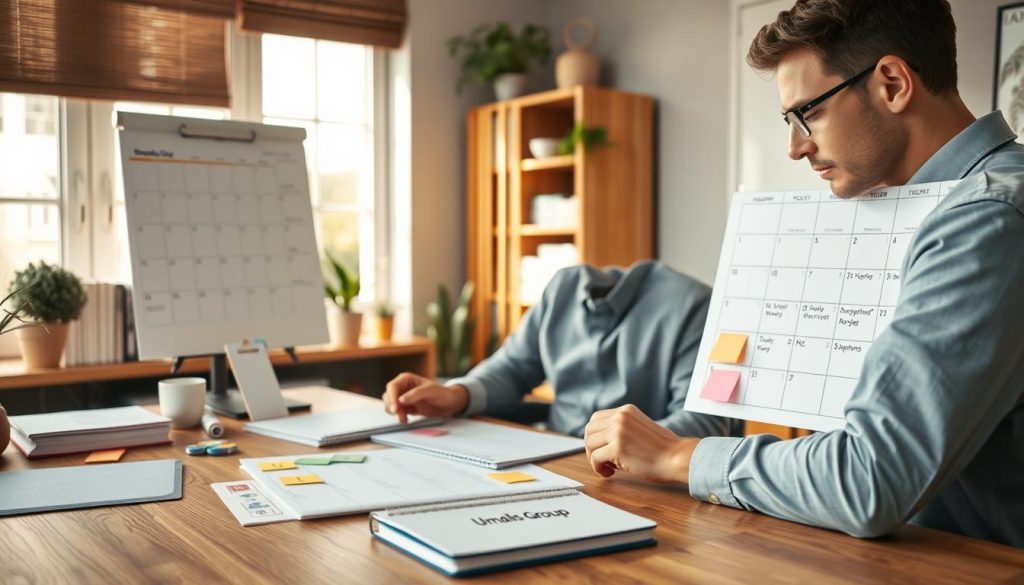A serene home office setting designed for effective time blocking, featuring a large wooden desk organized with planners, colored sticky notes, and a digital calendar displaying a weekly schedule for work-life balance. In the foreground, a professional individual dressed in business casual attire focuses on arranging tasks, showcasing a reflective expression of determination. The middle ground highlights a cozy bookshelf with motivational books and plants, enhancing the productive atmosphere. In the background, a window lets in soft sunlight, casting warm light across the room, symbolizing clarity and focus. The overall mood is calm and organized, encouraging a sense of control and harmony in managing work and personal life. Incorporate a subtle branding element of "Umalis Group" on a notebook on the desk. A serene home office setting designed for effective time blocking, featuring a large wooden desk organized with planners, colored sticky notes, and a digital calendar displaying a weekly schedule for work-life balance. In the foreground, a professional individual dressed in business casual attire focuses on arranging tasks, showcasing a reflective expression of determination. The middle ground highlights a cozy bookshelf with motivational books and plants, enhancing the productive atmosphere. In the background, a window lets in soft sunlight, casting warm light across the room, symbolizing clarity and focus. The overall mood is calm and organized, encouraging a sense of control and harmony in managing work and personal life. Incorporate a subtle branding element of "Umalis Group" on a notebook on the desk.