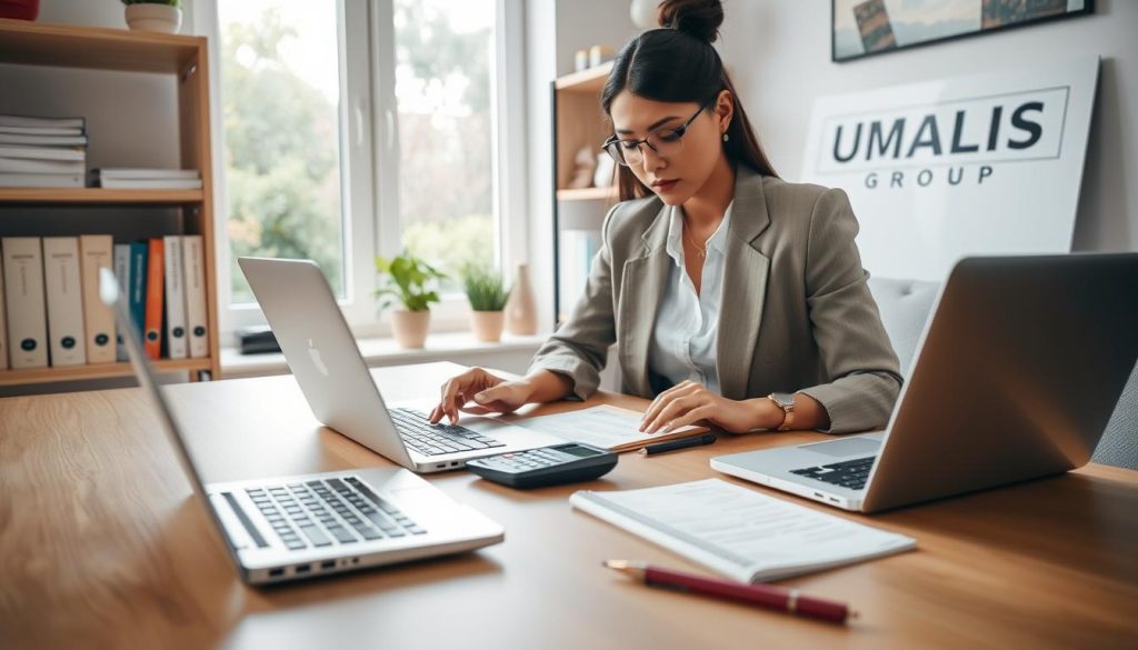 A serene home office setting focusing on the theme of professional expenses in remote work. In the foreground, a neat desk with a laptop open, a notepad, and a calculator, symbolizing financial tracking. The middle ground features a well-organized shelf with books on business management and tax regulations, with a small plant adding a touch of life. In the background, a soft-lit window reveals a pleasant garden view, conveying a peaceful work environment. The mood is professional yet relaxed, emphasizing productivity and clarity. Use natural light to enhance the warmth of the scene. Ensure a human subject dressed in chic business casual attire, working intently, reflects the article's theme of independent professionals managing their expenses. Include the brand name "UMALIS GROUP" subtly in the background on a displayed document.