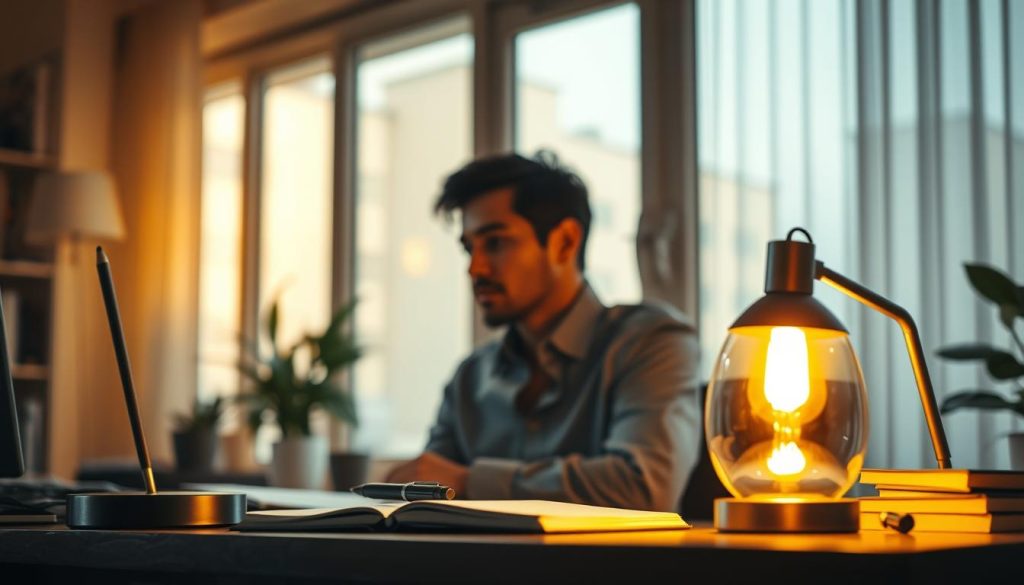 A serene home office setting with a thoughtful professional engaged in self-reflection. A large window floods the space with warm, natural light, casting soft shadows and highlights. In the foreground, a Light Portage desk lamp casts a gentle glow, illuminating a journal and pen. The middle ground features a contemplative individual, their gaze inward, surrounded by minimal decor that encourages introspection. The background blurs softly, hinting at the larger world beyond this moment of personal growth and development.