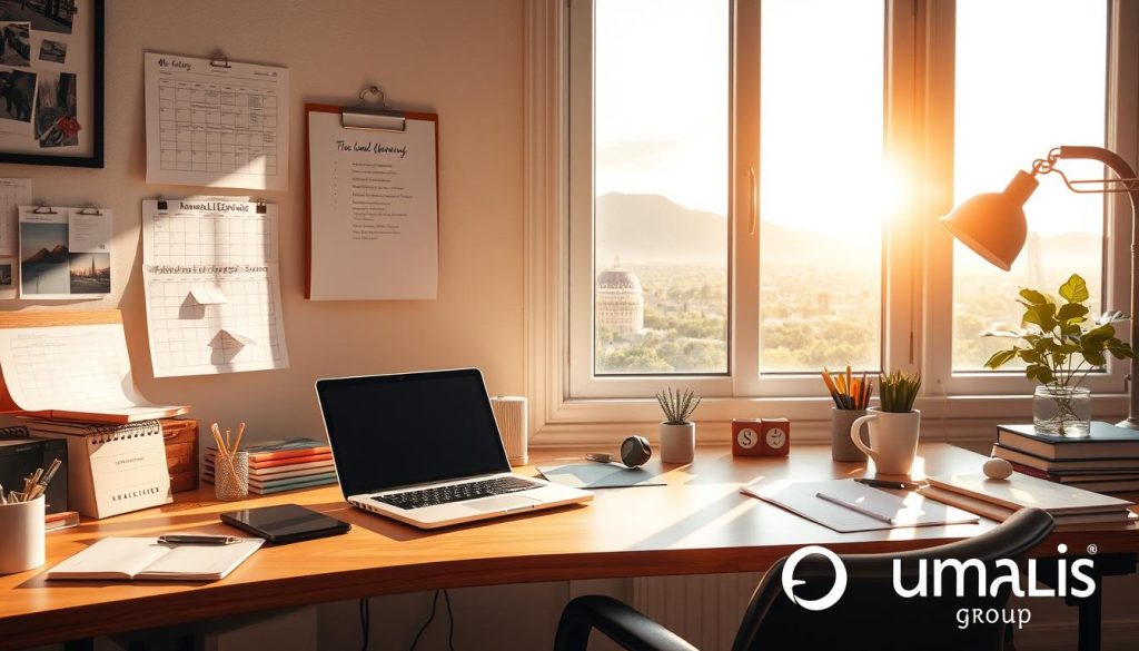 A serene home office setup with a desk, laptop, and various office supplies, showcasing the advantages of independent work, such as flexibility and work-life balance. In the background, a window offers a picturesque view, representing the freedom and autonomy of the independent worker. The scene is bathed in warm, natural lighting, creating a welcoming and productive atmosphere. Subtle visual cues, such as a calendar and a to-do list, hint at the organizational challenges and financial considerations that independent workers may face. The Umalis Group logo is prominently displayed, emphasizing the professional support and resources available to independent workers.