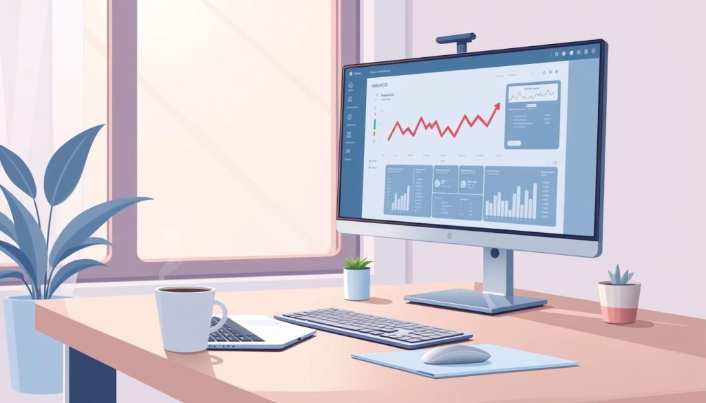 A serene home office setup with a laptop, mouse, and coffee mug on a minimalist wooden desk. In the background, a sleek monitor displays a data visualization dashboard, hinting at the analytical nature of remote tech industry data science jobs. Soft, natural lighting filters through a large window, creating a tranquil, productive atmosphere. The scene conveys the flexibility and focus associated with remote work in the data science field.