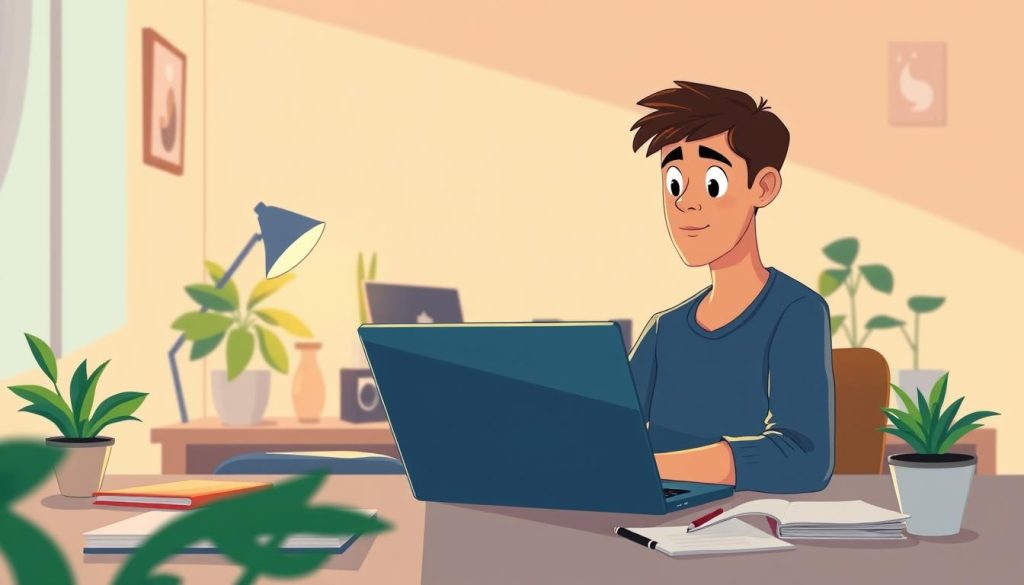 A serene home office setup with a laptop, notebook, and plants, illuminated by warm, diffused lighting. The foreground showcases a student engaged in online learning, their focused expression reflected in the laptop screen. The middle ground features a neatly organized desk with a variety of digital devices, suggesting a well-equipped digital learning environment. The background depicts a tranquil, minimalist interior, emphasizing the comfort and convenience of remote education. The overall scene conveys a sense of productivity, efficiency, and the seamless integration of technology into professional development.