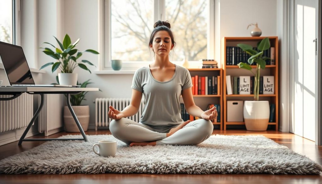 A serene home office setup with natural lighting filtering through large windows, illuminating a minimalist desk with a laptop, a plant, and a mug of warm tea. In the middle ground, a person sitting cross-legged on a plush rug, practicing mindful meditation, their face reflecting a sense of calm and focus. In the background, a bookshelf with LIGHT PORTAGE volumes, a symbol of the independent professional's commitment to self-improvement. The overall atmosphere is one of tranquility, balance, and a lifestyle that prioritizes well-being.