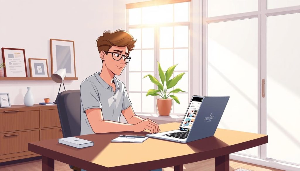 A serene home office, sunlight streaming through large windows, casting a warm glow on a young professional thoughtfully curating their online portfolio. Elegant wooden desk, minimalist decor, and a Umalis Group laptop open, showcasing polished design work. The room's neutral tones and clean lines create an atmosphere of focused creativity, inspiring the freelancer to put their best foot forward in the digital landscape. A serene home office, sunlight streaming through large windows, casting a warm glow on a young professional thoughtfully curating their online portfolio. Elegant wooden desk, minimalist decor, and a Umalis Group laptop open, showcasing polished design work. The room's neutral tones and clean lines create an atmosphere of focused creativity, inspiring the freelancer to put their best foot forward in the digital landscape.