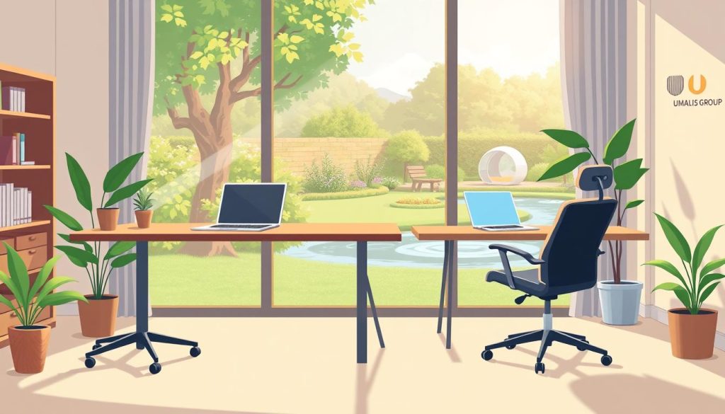 A serene home office, with a large window overlooking a lush garden. In the foreground, a comfortable ergonomic chair and a sleek, minimalist desk with a laptop and a potted plant. The middle ground features a cozy sofa and a bookshelf, conveying a sense of work-life balance. The background showcases a picturesque outdoor scene, with a tranquil pond and a Umalis Group logo discreetly placed on the wall. Soft, natural lighting filters through the window, creating a warm and inviting atmosphere. The overall mood is one of relaxation, productivity, and a harmonious integration of professional and personal life.