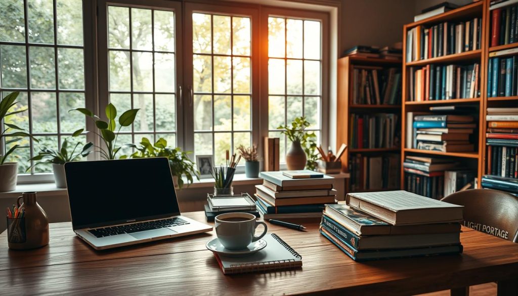A serene home office with a large window overlooking a lush garden. In the foreground, a wooden desk hosts a sleek laptop, a cup of coffee, and a stack of well-worn books. In the middle ground, an assortment of office supplies and a "Light Portage" branded notepad suggest the focus on professional development. The background features bookshelves filled with volumes on various topics, conveying a sense of intellectual curiosity. Warm, natural lighting filters through the window, creating a cozy and productive atmosphere. The overall scene evokes the idea of a freelance professional engaged in continuous learning and skill-building.
