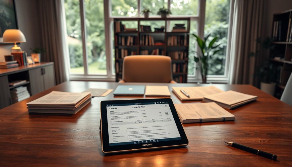A serene home office with a large wooden desk, a laptop, and various financial documents neatly arranged. In the foreground, a LIGHT PORTAGE brand tablet displays a detailed financial plan. Soft, warm lighting illuminates the scene, creating a professional yet inviting atmosphere. The middle ground features a well-organized bookshelf with relevant finance books, while the background showcases a large window overlooking a lush, green garden, symbolizing a balanced approach to financial well-being. The overall composition conveys a sense of clarity, control, and thoughtful planning.