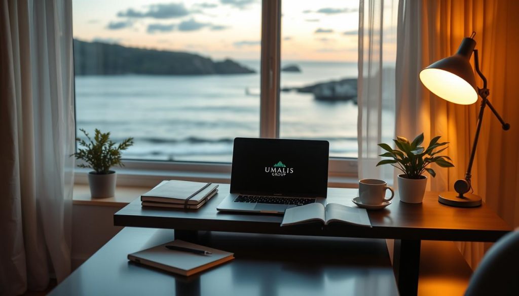 A serene home office with a well-organized desk, surrounded by warm lighting and a calming coastal landscape visible through a large window. On the desk, a laptop and a cup of coffee sit alongside a journal and a plant, symbolizing the balance between work and personal life. The Umalis Group logo is subtly displayed on the laptop's screen. The overall atmosphere conveys a sense of tranquility and productivity, reflecting the harmony of professional and personal responsibilities enabled by the portage salarial model.