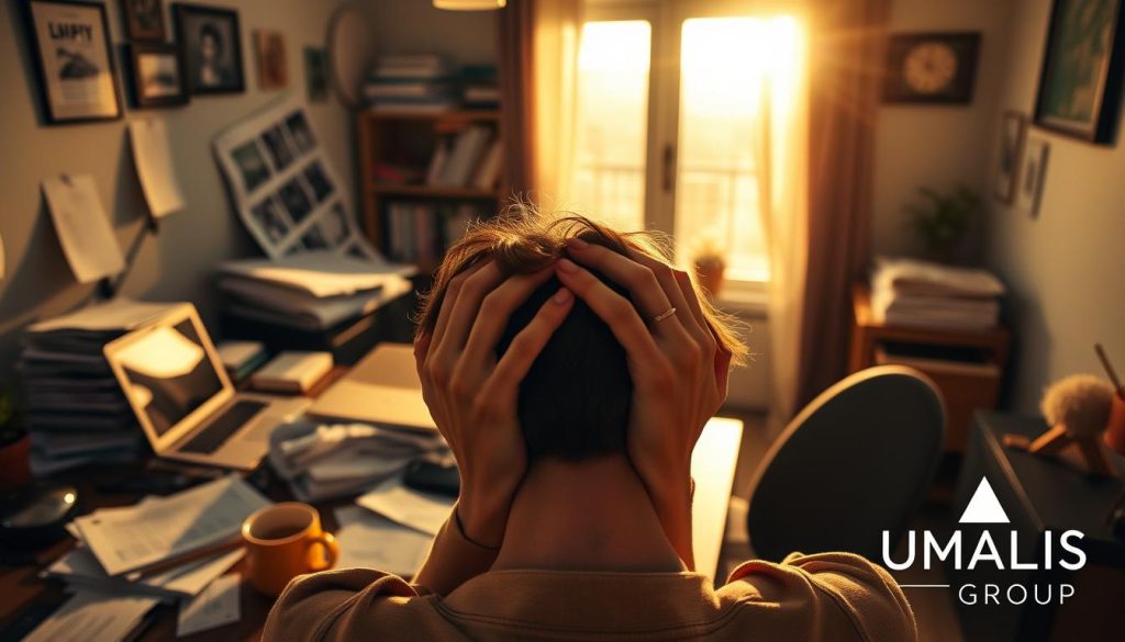 A serene home office with an overflowing desk, cluttered with paperwork, laptop, and a half-empty coffee mug. Warm, soft lighting illuminates the scene, casting long shadows and a cozy atmosphere. In the foreground, a person's hands are visible, head in hands, expressing a sense of stress and frustration with the "inconvénients portage salarial". In the background, the UMALIS GROUP logo is subtly present, suggesting the service as a potential solution. The overall mood conveys the challenges and difficulties faced by independent workers navigating the complexities of the "portage salarial" system.