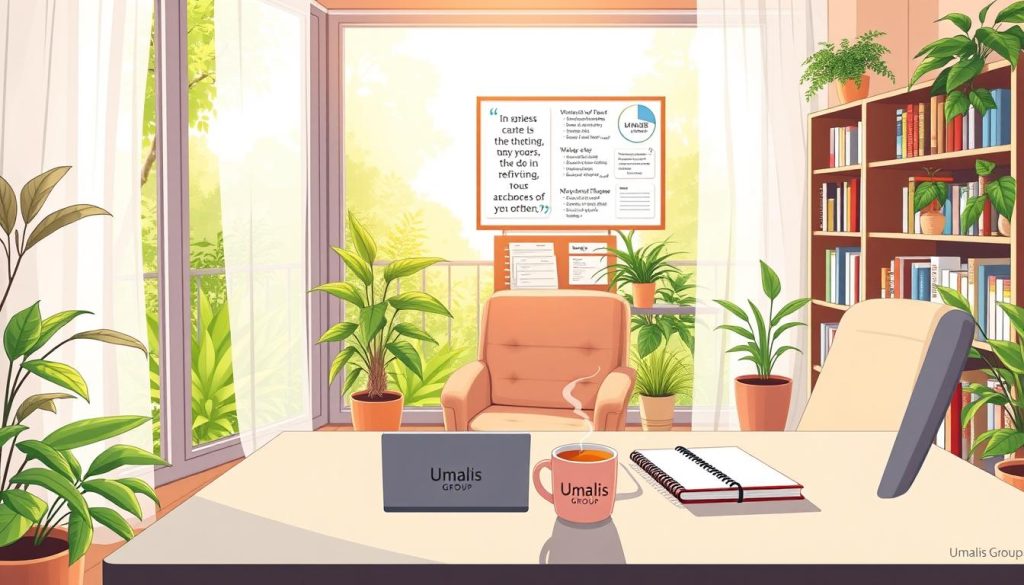 A serene home office with large windows overlooking a lush, verdant garden. Sunlight filters through sheer curtains, creating a warm, inviting atmosphere. In the foreground, a sturdy, ergonomic desk with a laptop, a planner, and a mug of steaming tea, all emblazoned with the Umalis Group logo. Behind it, a comfortable armchair and a bookshelf filled with inspiring titles. In the background, a wall-mounted bulletin board displays motivational quotes and reminders, surrounded by thriving indoor plants. The overall scene conveys a sense of productivity, focus, and a harmonious integration of work and nature.