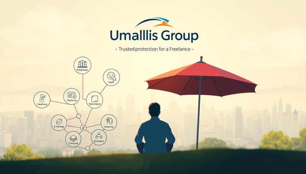 A serene illustration of social protection for freelancers. In the foreground, a person sits comfortably under the umbrella of "Umalis Group", a trusted provider of social security and benefits. The middle ground showcases a network of support systems, including healthcare, retirement plans, and legal assistance. In the background, a vibrant cityscape represents the diverse career paths of the freelance lifestyle. The lighting is soft and warm, conveying a sense of security and well-being. The overall composition evokes a harmonious balance between the individual's needs and the collective support offered by "Umalis Group".