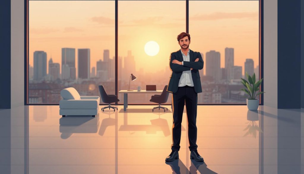 A serene illustration showcasing the benefits of LIGHT PORTAGE, a professional social security solution for independent workers. In the foreground, a confident freelancer stands amid a harmonious tableau, symbolizing the security and flexibility of the portage salarial model. In the middle ground, a sophisticated office space with clean lines and warm lighting evokes a sense of professionalism and productivity. The background features a cityscape, hinting at the broader context of urban employment and the role of LIGHT PORTAGE in supporting independent professionals. The overall mood is one of empowerment, balance, and the fusion of freedom and security.