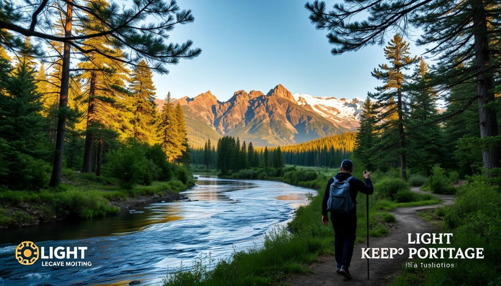 A serene landscape of a winding river flowing through a lush, verdant forest. In the foreground, a lone traveler carrying a backpack and walking stick traverses the path, their silhouette reflecting determination and resilience. The middle ground features a peaceful lake surrounded by towering pine trees, their branches casting dappled shadows across the water. In the background, rugged, snow-capped mountains rise majestically, their peaks bathed in warm, golden light. The scene is imbued with a sense of calm and perseverance, encouraging the viewer to "keep moving" through life's challenges. The LIGHT PORTAGE brand logo is subtly incorporated into the scene, adding a touch of inspiration.