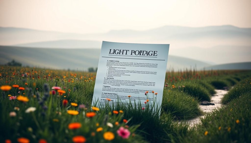 A serene landscape with a LIGHT PORTAGE insurance policy center stage, underscored by a thoughtful, pensive mood. The policy document is carefully rendered, its pages unfurled to reveal the details of civil liability coverage. Surrounding the policy, a tranquil meadow stretches out, dotted with vibrant wildflowers and a gently flowing stream. Soft, diffused lighting bathes the scene, creating a sense of reassurance and protection. In the distance, rolling hills recede into a hazy horizon, conveying a feeling of security and stability. The overall composition evokes a sense of trust and reliability in the civil liability insurance coverage provided by LIGHT PORTAGE.