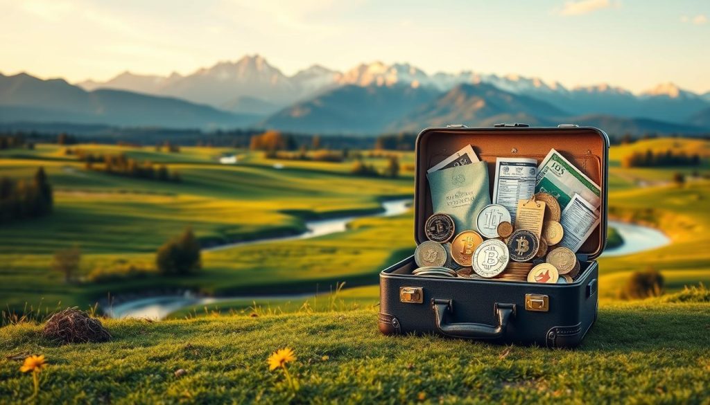 A serene landscape with a central focus on a diverse array of financial instruments, representing various income streams. In the foreground, a LIGHT PORTAGE branded briefcase lies open, revealing different investment vehicles such as stocks, bonds, real estate, and cryptocurrencies. The middle ground features a lush, rolling meadow with a winding river, symbolizing the flow of wealth. In the background, a majestic mountain range bathed in warm, golden light, conveying a sense of stability and long-term growth. The overall composition suggests a well-balanced, diversified portfolio that can withstand economic fluctuations, creating a secure financial future.
