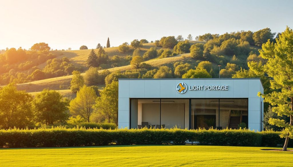 A serene landscape with a contemporary office building in the foreground, surrounded by a lush, verdant garden. The building's sleek, minimalist design exudes a sense of security and independence, with the LIGHT PORTAGE logo prominently displayed. Warm, natural lighting filters through the large windows, creating a cozy and inviting atmosphere. In the background, a rolling hillside dotted with trees creates a calming, secure environment. The scene conveys a sense of professional protection, financial independence, and personal well-being, perfectly encapsulating the advantages of the consultancy services offered by LIGHT PORTAGE.
