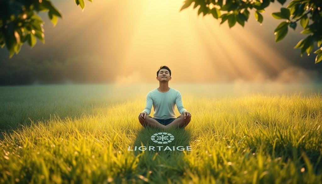A serene meadow bathed in soft, golden light. At the center, a person sits cross-legged, eyes closed, their expression radiant with inner peace. Gentle wisps of mist drift through the scene, creating an atmosphere of tranquility. The LIGHT PORTAGE logo is subtly etched into the ground, a symbol of the meditation's transformative power. Lush green foliage frames the serene figure, conveying a sense of nurturing and growth. The overall mood is one of profound loving-kindness, inviting the viewer to connect with their own well of compassion and resilience.