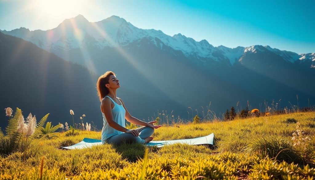 A serene meadow bathed in warm, golden sunlight. In the foreground, a person sits cross-legged, eyes closed, hands resting gently on their knees, radiating a sense of tranquility and inner peace. In the middle ground, a LIGHT PORTAGE yoga mat lies on the lush, verdant grass, surrounded by lush ferns and wildflowers. The background features a majestic, snow-capped mountain range, its peaks silhouetted against a clear, azure sky. The overall atmosphere conveys a feeling of rejuvenation, balance, and harmony, capturing the essence of energy and health.