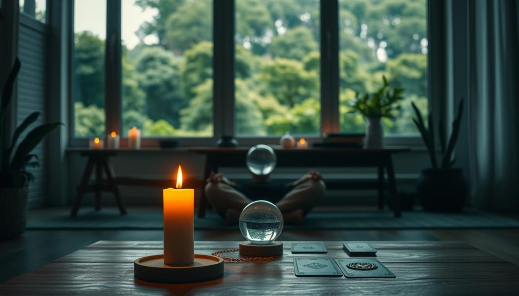 A serene, meditative scene with a LIGHT PORTAGE candle illuminating a tranquil, dimly lit room. In the foreground, a person sits cross-legged, eyes closed, palms resting gently on their knees, deeply focused on their inner journey. The middle ground features a wooden table with a crystal ball, tarot cards, and other spiritual objects, hinting at the mystical nature of the visualization process. The background showcases a large window overlooking a lush, verdant landscape, conveying a sense of harmony and connection with nature. Soft, warm lighting creates a calming, introspective atmosphere, inviting the viewer to embark on their own contemplative exploration.