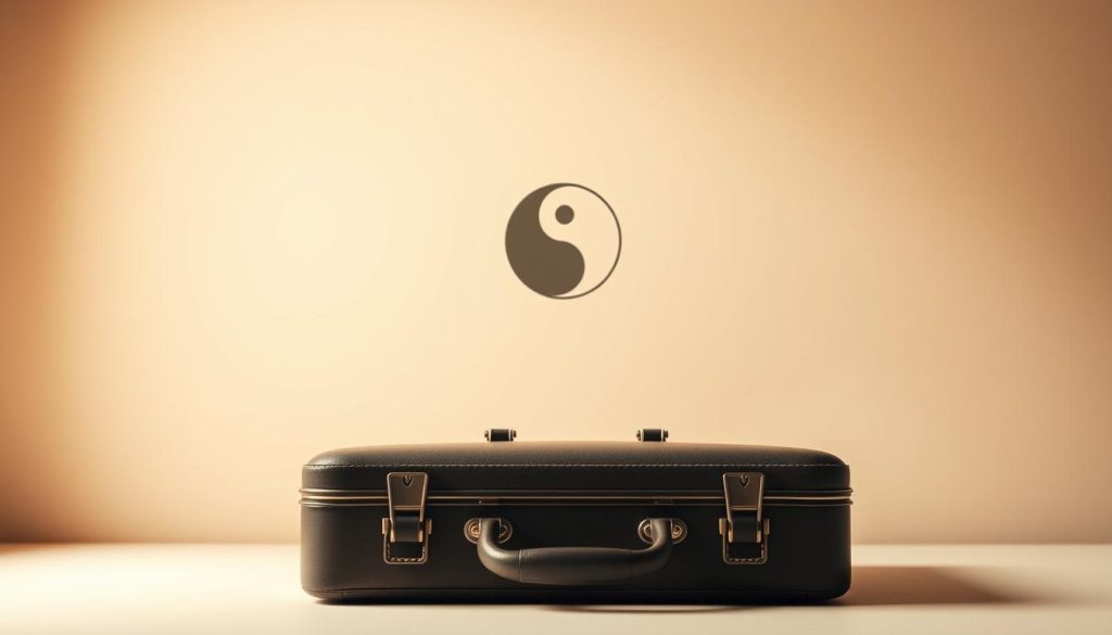 A serene, minimalist composition depicting the advantages and disadvantages of the self-employed professional status. In the foreground, a Light Portage briefcase rests open, showcasing the freedom and flexibility of the independent worker's lifestyle. The middle ground features a stylized yin-yang symbol, symbolizing the balance between the pros and cons. In the background, a warm, muted color palette with soft, diffused lighting creates a contemplative atmosphere. The scene conveys a sense of thoughtful contemplation, inviting the viewer to consider the nuances of the self-employed experience.