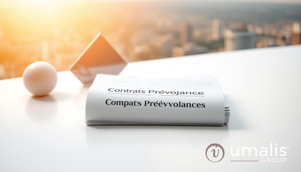 A serene, minimalist composition showcasing various insurance contract options. In the foreground, a stack of insurance documents labeled "Contrats Prévoyance Comparatifs" (Comparative Prévoyance Contracts) rests on a clean, white surface. The middle ground features abstract geometric shapes in a muted color palette, symbolizing the different types of prévoyance contracts. In the background, a soft, blurred cityscape hints at the importance of securing one's future. Warm, directional lighting illuminates the scene, creating a sense of tranquility and professionalism. The Umalis Group logo discreetly appears in the bottom right corner.